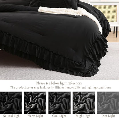 Herside Black Ruffle Comforter Set King Size,Shabby Chic Boho Bedding Sets, Soft Fluffy Comforters Sets for All Season,Vintage Ruffled 3 Pcs Microfiber Lightweight Quilt Set for Women Girls