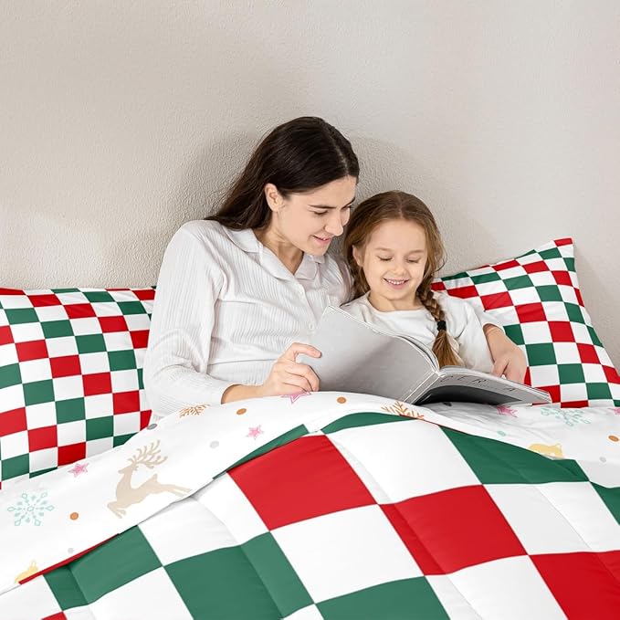 Checkered Christmas Comforter Set Twin Size Red Green Plaid Bedding Set for Kids Boys Girls Geometric Vintage Duvet Quilt Modern Simple Groovy Aesthetic Bedroom Decor 2 Pcs with 1 Pillow Cases