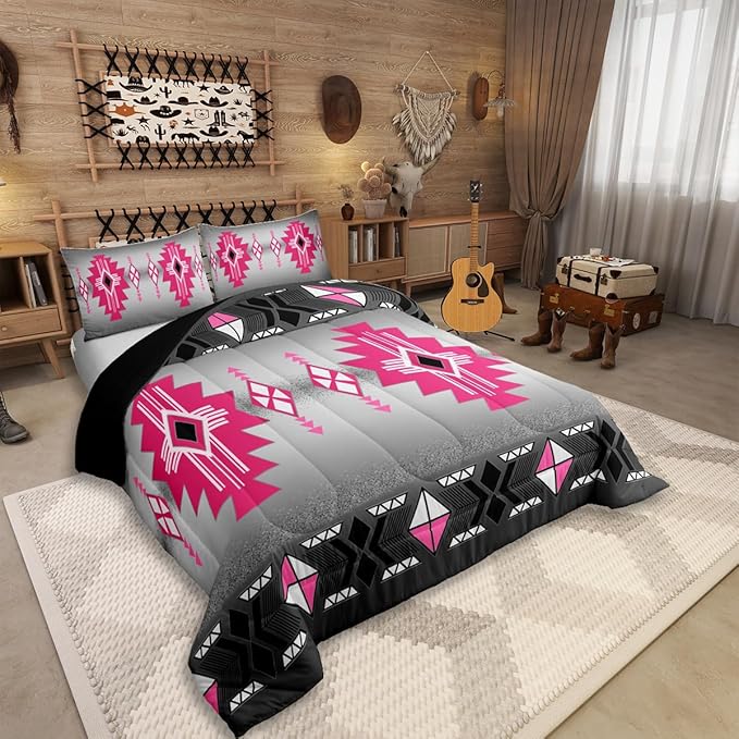 Erosebridal Rustic Western Toddler Comforter Set, Southwestern Aztec Bedding Set for Boys Teens Men Bedroom, Exotic American Native Bedding Comforter Sets Vintage Bohemian Geometric Quilt, Pink Grey