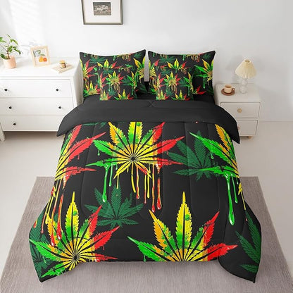 Feelyou Marijuana Comforter Set King Size 7 Pcs Cannabis Leaf Comforter Bed in a Bag Green Leaves Bedding Set for Boys Girls Teens Trippy Bed Set with Sheets, Pillowcases, Pillow Covers