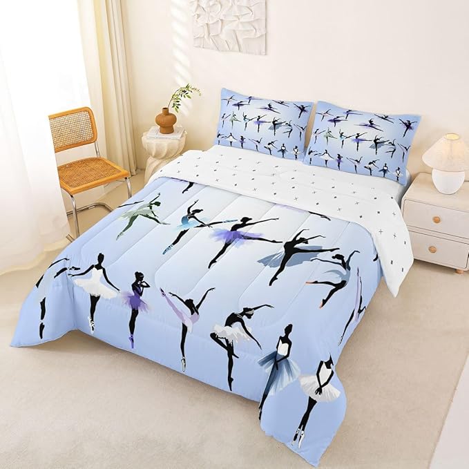 Erosebridal Girl Comforter Set Queen Size Ballet Bedding Set for Girls Women Kids Teens Dancing Theme Down Comforter Classical Graceful Style Warm Soft 3 Pieces Bedroom Decor Quilt Set