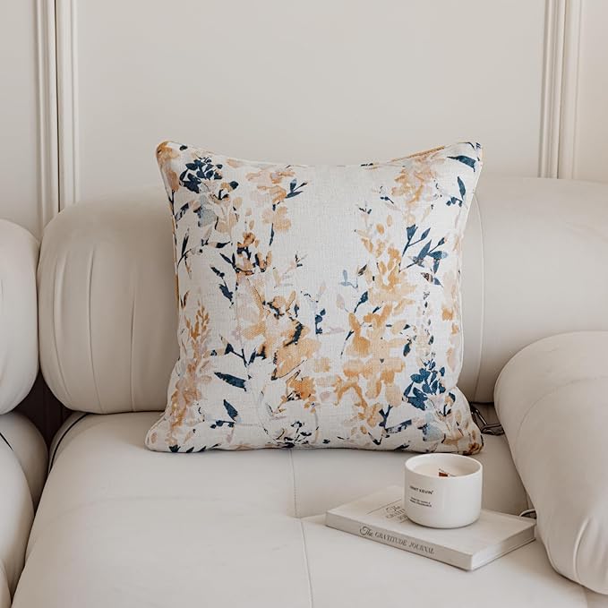 Throw Pillow Covers with Insert Included, with Embroidered Detail, 18 x 18 inches, Decorative Throw Pillow for Sofa Couch Bed (Yellow Floral, 18" L x 18" W)