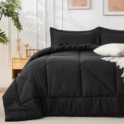 7 Pieces King Comforter Set - Utral Soft Microfiber Bedding Set, Thick Duvet Insert Bed in a Bag Without Rustling Noise for All Season, Black (102"x90")