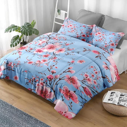 Comforter Set Full Size, Cherry Floral Flower 3 Pcs Soft Bedding Set for Kids and Adults, Summer Vintage Tree Comforter Set with 2 Pillowcases, for Bedroom Bed Decor
