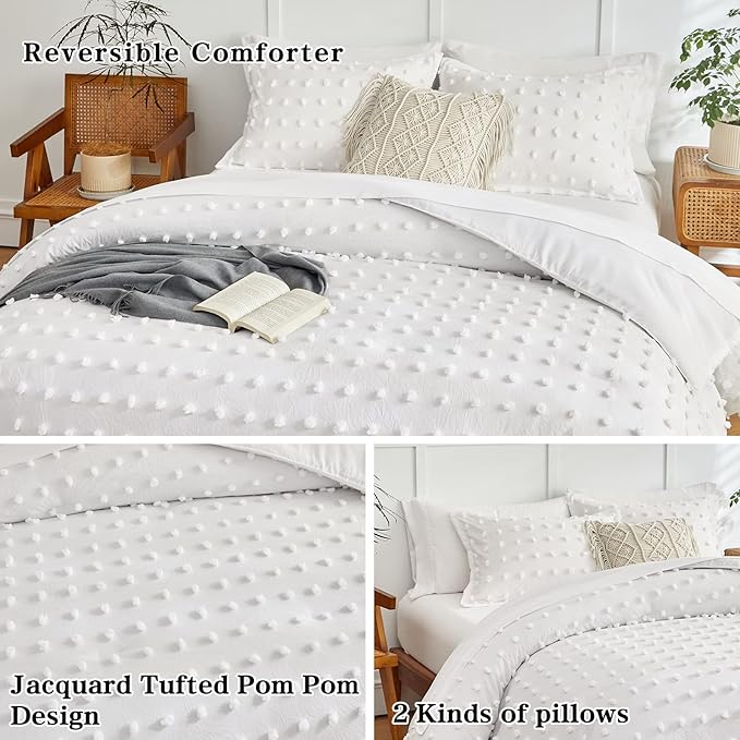 7 Pieces Tufted Dots Bed in a Bag King Comforter Set with Sheets White , Soft and Embroidery Shabby Chic Boho Comforters, Solid Color with Pom Pom Design, Jacquard Tufts Bedding Set for All Season