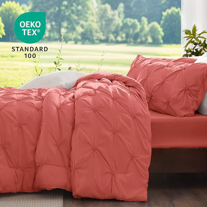 BEDELITE Coral Twin Comforter Set - 2 Peices Boho Pintuck Bedding Comforter Sets, Lightweight Soft & Warm Twin Bedding Sets with 1 Pillowcase for All Season