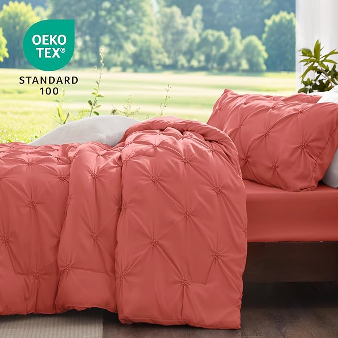 BEDELITE Coral King Size Comforter Set - 3 Pieces Boho Pintuck Bedding Comforter Sets, Lightweight Soft & Warm King Bedding Set with 2 Pillowcases for All Season