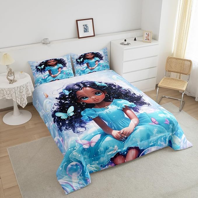 Pretty Girl Kids Bedding Sets Toddler Size,Dreamy Fairy Princess Style Cute Reversible Comforter Set for Bedroom Butterfly African Style Blue Black Quilt Set Soft Duvet Insert,1 Pillowcase
