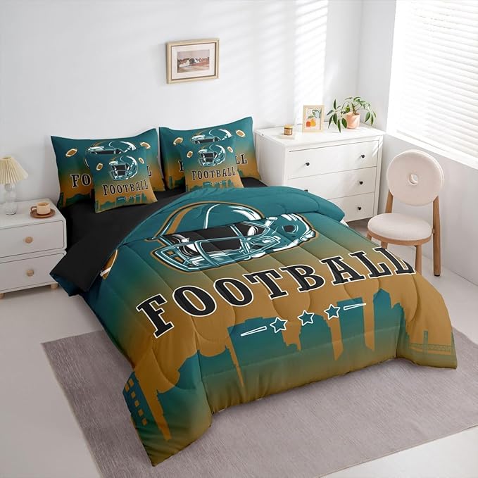 Erosebridal American Soccer Comforter Set with Sheets Football City Green Brown Full Size 7 Piece Bedding Set for Kids Boys Teen,Rugby Sports Games Bed in A Bag City Silhouette Bed Set