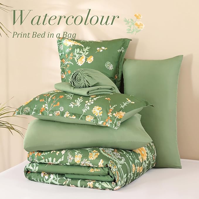 Yiran 7 Piece Sage Green Watercolour Floral Comforter Set King Size, Watercolour Botanical Comforter Bedding Set, Bed in a Bag King, Soft Microfiber Complete Bedding Set with Sheets for All Season