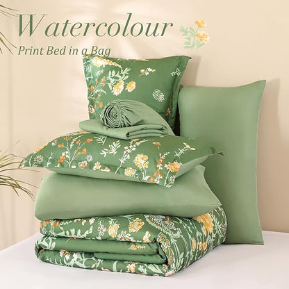 Yiran 7 Piece Sage Green Watercolour Floral Comforter Set King Size, Watercolour Botanical Comforter Bedding Set, Bed in a Bag King, Soft Microfiber Complete Bedding Set with Sheets for All Season
