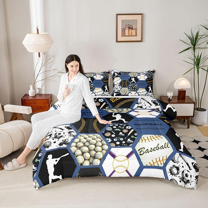 Erosebridal Baseball Bed Set for Boys,Baseball Player Comforter for Kids,Geometric Honeycomb Bedding Set Twin Size,Sports Ball Game Patchwork Quilt Set with 1 Pillowcase Lightweight