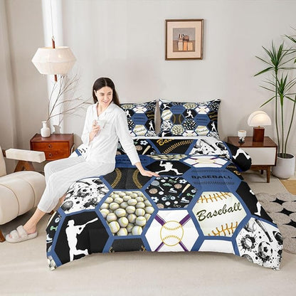 Erosebridal Baseball Bed Set for Boys,Baseball Player Comforter for Kids,Geometric Honeycomb Bedding Set Twin Size,Sports Ball Game Patchwork Quilt Set with 1 Pillowcase Lightweight