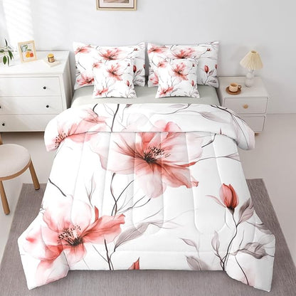Erosebridal Blush Flower Twin 7 Pieces Bedding Set, Bohemian Floral Comforter Set with Sheets, Watercolor Flower Boho Bed Sets for Women Girls Adults, Ink Painting Style Blossom & Leaf Bed in A Bag