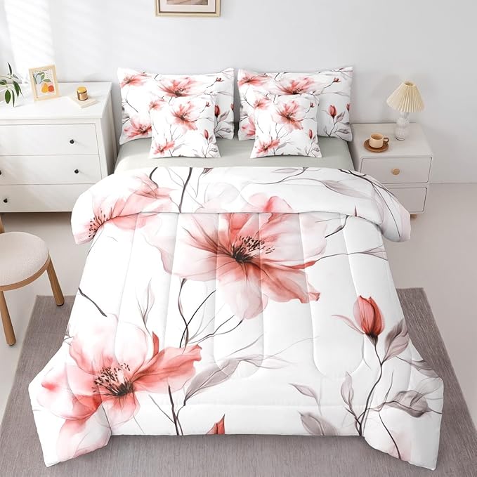 Erosebridal Blush Flower King 7 Pcs Bedding Set, Bohemian Floral Comforter Set with Sheets, Watercolor Flower Boho Bed Sets for Women Girls Adults, Ink Painting Style Blossom & Leaf Bed in A Bag