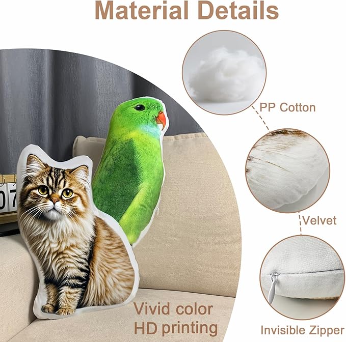 Custom Pet Pillow with Picture, Personalized Photo Dog Cat Face Shaped Pillow, Customized Stuffed Animal Pictures Pillows Memorial Loss Sympathy Gifts