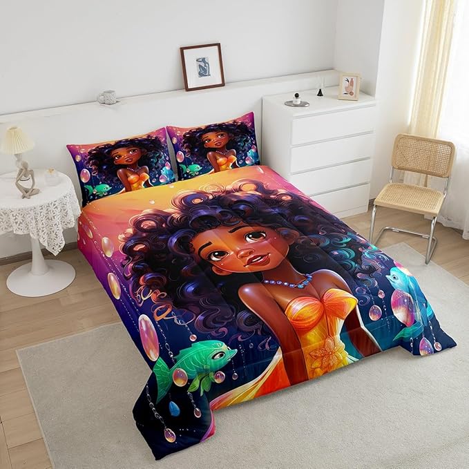 Afro-American Girl Twin Comforter Set for Little Girl,Afro Kid Princess Melanin Bedding Set,Ocean Fish Toddlers American Black Girls Quilt for Girls Bedroom