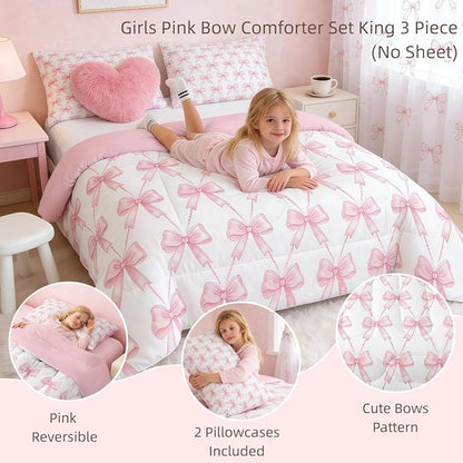 Feelyou Pink Bow Comforter Set King Size, Pink Bow Bedding Set for Girls, Coquette Bowknot Girls Comforter for Kids, Kawaii Dreamy Princess Style Room Decor, 2 Pillowcases