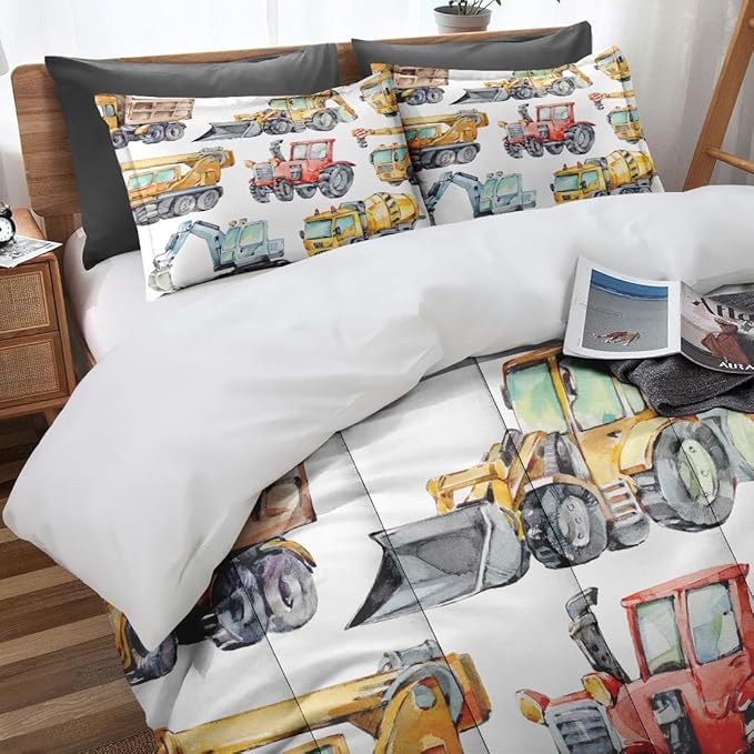 Colorful Car Trucks Construction Comforter Set for Boys Kids Toddlers Teens Full, Red Tractor Excavator Bedding Sets Water Washed Microfiber Bedding with 1 Comforter 2 Pillowcase All Season