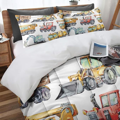 Colorful Car Trucks Construction Comforter Set for Boys Kids Toddlers Teens Queen, Red Tractor Excavator Bedding Sets Water Washed Microfiber Bedding with 1 Comforter 2 Pillowcase