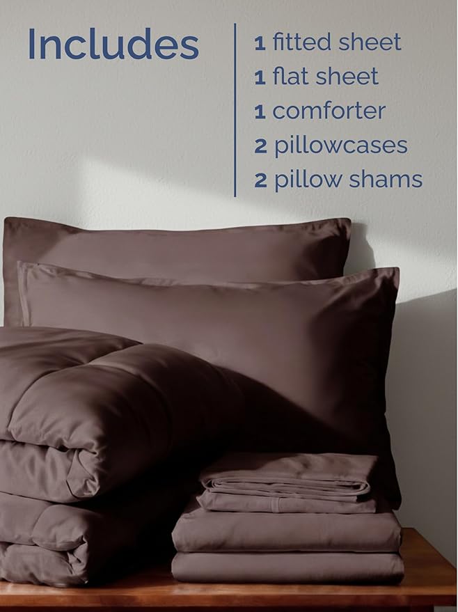 Queen Comforter Set - 7 Piece Bed in a Bag Queen Size Bed Set - Down Alternative Comforter, Flat Sheet, Fitted Sheet, Pillowcase & Shams for All Seasons - Ultra Soft, Comfy & Breathable - Brown/Beige