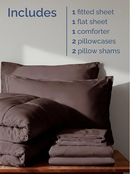 Queen Comforter Set - 7 Piece Bed in a Bag Queen Size Bed Set - Down Alternative Comforter, Flat Sheet, Fitted Sheet, Pillowcase & Shams for All Seasons - Ultra Soft, Comfy & Breathable - Brown/Beige