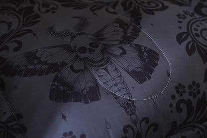 Feelyou Adults Gothic Comforter Set King Size Dark Olive Green Damask Comforter Death Moth Bohemia Boho Bedding Set Goth Skull Duvet Set Vintage Victorian Baroque Floral Quilt Set 3Pcs