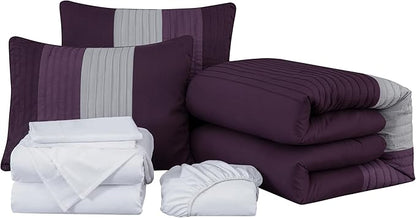 Chezmoi Collection Briar 7-Piece California King Bed in a Bag - All Season Lightweight Microfiber Comforter Set - Includes Sheets & Shams - Purple/Lavender/Gray Pleated Stripe Design