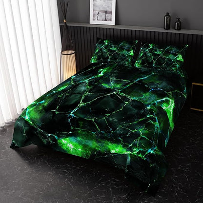 Green Comforter Set Full Size，Green Marble Bedding Set 3 Pcs Bedding for Adults, Marble Room Decor with Comforter and 2 Pillowcases Soft and Lightweight B-Side Black