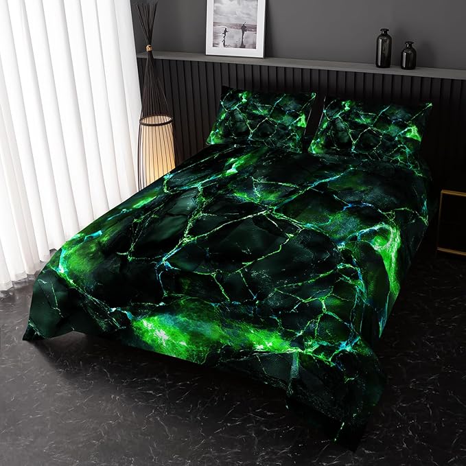 Green Comforter Set King Size，Green Marble Bedding Set 3 Pcs Bedding for Adults, Marble Room Decor with Comforter and 2 Pillowcases Soft and Lightweight B-Side Black