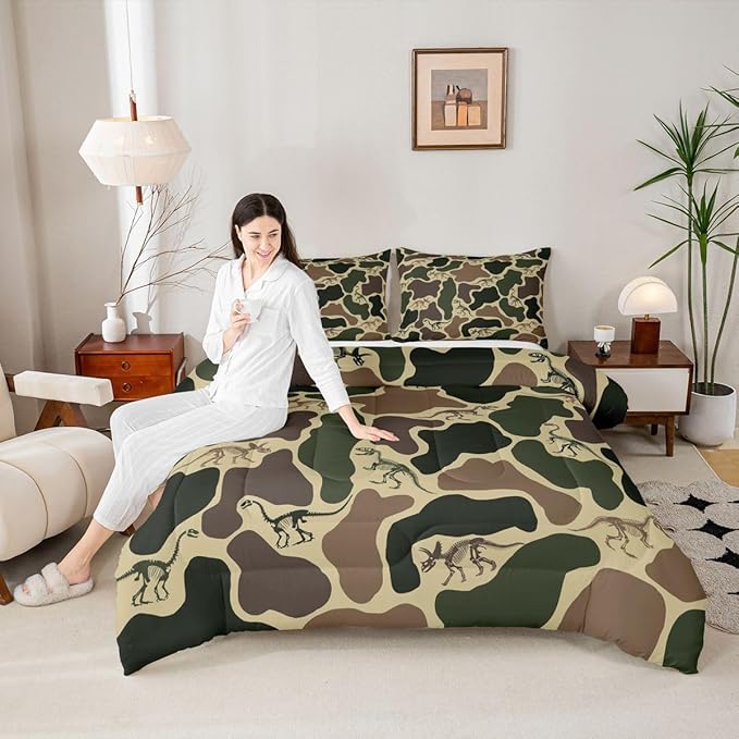 Erosebridal Dino Camouflage Comforter Set Toddler Size Dark Green Camo Bedding Set for Kids Boys Girls Dinosaur Skeleton Comforter Vintage Skeleton Rustic Quilt Bedroom Decor