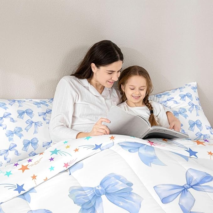 Erosebridal Blue Bow Comforter Set King Size Cute Cartoon Bowknot Bedding Set for Girls,Dreamy Princess Style Down Comforter for Kids Teen Women,Blue Kawaii Girly Coquette Butterfly Knot Quilt