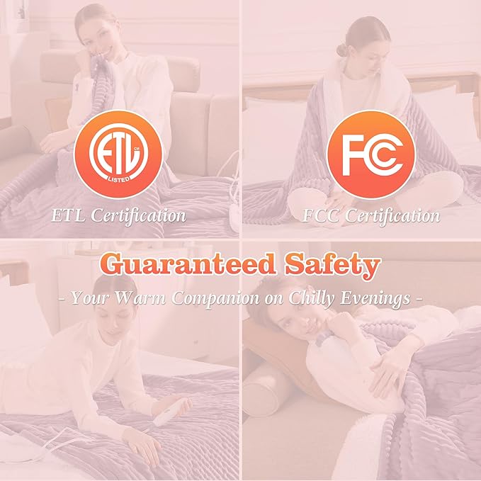 Heated Blanket Electric Throw 50"x60" Heating Blanket 450gsm Ribbed Flannel Sherpa Ultra-soft with 5 Heating Levels and 4 Hour Auto Off, ETL & FCC Certified Electric Blanket, Great Winter Gift, Purple