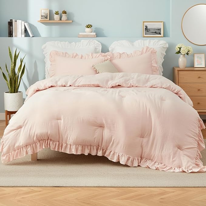 CAROMIO Pink Ruffled Twin Comforter Set, 2PCS Soft Washed Microfiber Lightweight & Fluffy All-Season Bedding Comforter with Vintage French Country Style, Pink, 68x90 in
