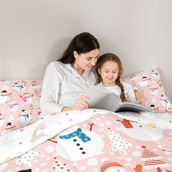 Cute Snowman Bedding Set Queen Size Cartoon Christmas Tree Comforter Set 3Pcs Red White Dots Print Theme Quilt Set for Kids Girls Boys Room Decor Watercolor Pink Duvet Insert,2 Pillowcases