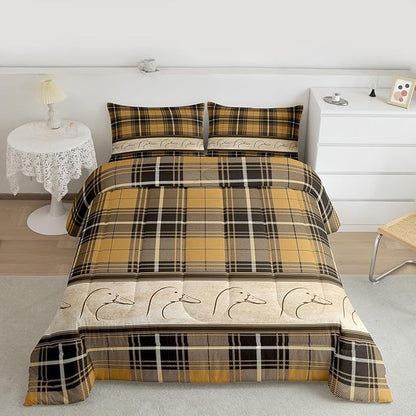 Manfei Ducks Silhouettes Kids Comforter Set Twin Size,Cartoon Animals Cute Bedding Set,Girls Boys Adults Bedroom Decor,Geometric Plaids Splicing Down Comforter,Brown Rustic Duvet Insert,1 Pillowcase