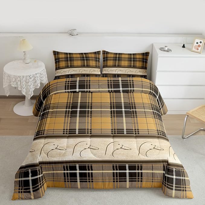 Manfei Ducks Silhouettes Kids Comforter Set Full Size,Cartoon Animals Cute Bedding Set,Girls Boys Adults Bedroom Decor,Geometric Plaids Splicing Down Comforter,Brown Rustic Duvet Insert,2 Pillowcases