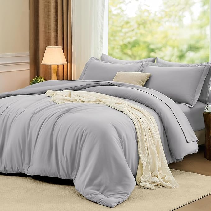 FUANNA Queen Comforter Set Light Grey, 7 Pieces Soft Bedding Sets Queen Size, All Season Lightweight Bed in a Bag with Comforter, Flat Sheet, Fitted Sheet, Pillowcases & Shams