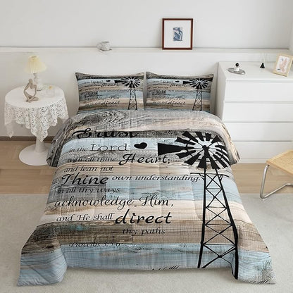 Erosebridal Rustic Wooden Duvet Insert King Farmhouse Windmill Bedding Set Patchwork Country Comforter Set for Kids Boys Girls,Brown Gray Blue Vintage Barn Door Quilt Set Cabin Lodge Decor 3 Pcs