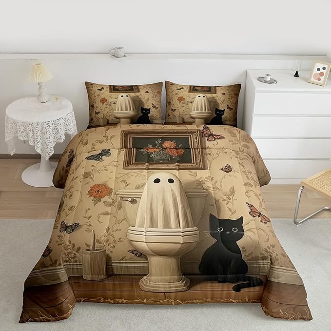 Erosebridal Halloween Cat Comforter Set Toddler, Halloween Ghost Bedding Set, Vintage Bohemia Comforter, Retro Antumn Funny Gothic Quilt for Kids Boys Girls Women Men Gothic Bedroom Decor, Microfiber