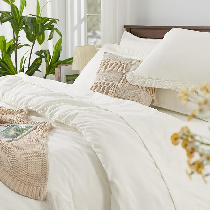 Andency Ivory Queen Size Comforter Set with Sheets - 7 Pieces Boho Tassel Bed in a Bag Soft Lightweight Bedding Sets, Ivory Fringe Bed Set with Comforter, Sheets, Pillowcases & Shams