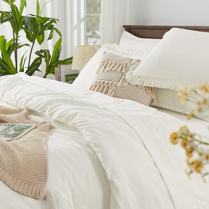Andency Ivory Queen Size Comforter Set with Sheets - 7 Pieces Boho Tassel Bed in a Bag Soft Lightweight Bedding Sets, Ivory Fringe Bed Set with Comforter, Sheets, Pillowcases & Shams