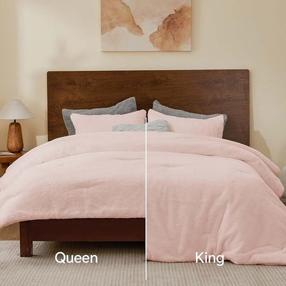 BEDELITE Faux Fur Fleece King Comforter Set - Fluffy & Warm Pink Comforter King Size，Ultra Soft and Cozy Winter Bedding Set,Fuzzy Thick Bed Set,1 Comforter and 2 Pillowcases