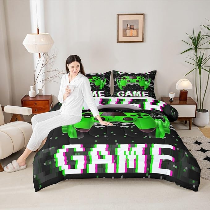 Erosebridal Boys Twin Bedding Sets,Gaming Comforter Sets for Boys Gamer Bedding Set,Toddler Bedding Gaming Bed Kids Comforter Set,Green