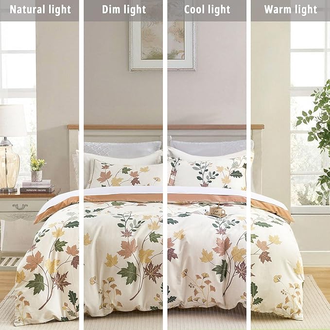 Botanical Cotton Comforter Queen Size - Luxurious Design with Maple Leaves and Branches on Beige, Textured Maple Orange Back, 3PC Lightweight Bedding Set with Ultra-Soft Alternative Fill