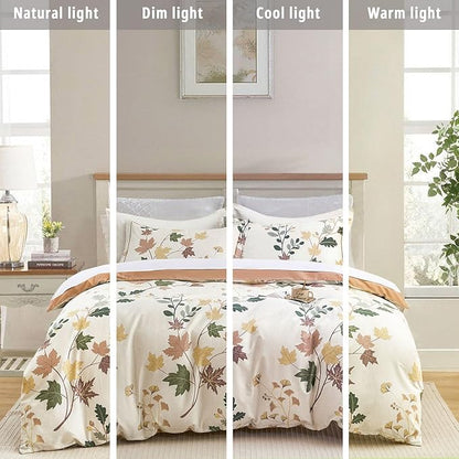 Botanical Cotton Comforter Queen Size - Luxurious Design with Maple Leaves and Branches on Beige, Textured Maple Orange Back, 3PC Lightweight Bedding Set with Ultra-Soft Alternative Fill