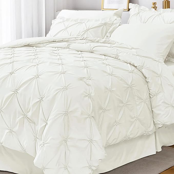 JOLLYVOGUE Ivory Queen Size Comforter Sets 7 Pieces, Pintuck Bed in a Bag Comforter Set for Bedroom, Bedding Comforter Sets with Comforter, Sheets, Ruffled Shams & Pillowcases