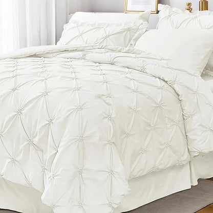 JOLLYVOGUE Ivory Twin Size Comforter Sets 5 Pieces, Pintuck Bed in a Bag Comforter Set for Bedroom, Bedding Comforter Sets with Comforter, Sheets, Ruffled Shams & Pillowcases