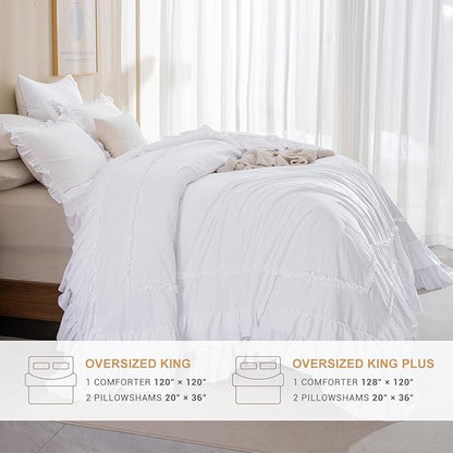 Masaca Oversized King Comforter 120x120,Farmhouse Shabby Boho Chic Bright White Ruffle California King Comforter Set French Country Rustic Bedding 3PCS (1 Ruffled Comforter+2 Pillow Shams)