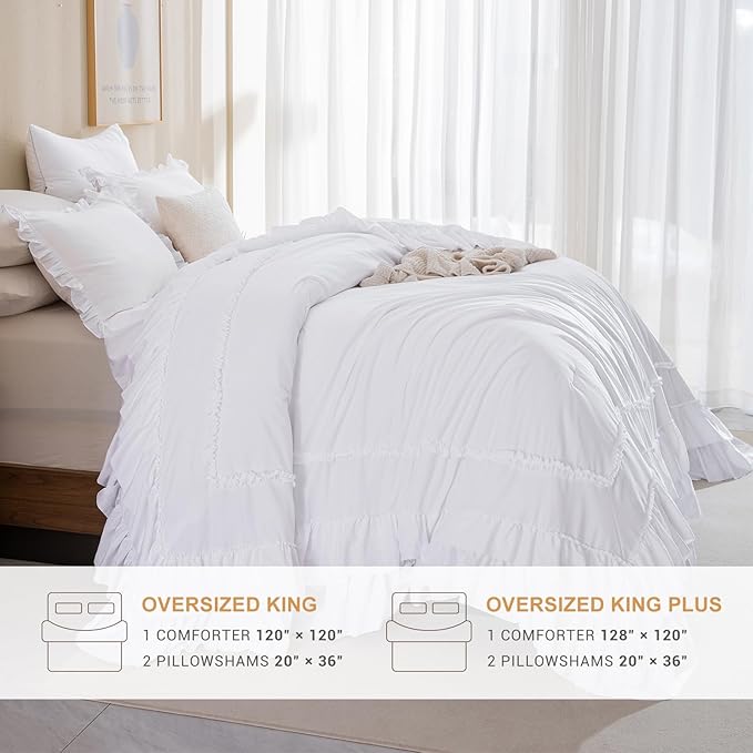 Masaca Oversized King Comforter 128x120,Bright White Shabby Boho Chic Farmhouse Bedding Comforter with Ruffles,Vintage Lightweight and Soft French Country Rustic Extra Large King Bedding Set 3 Pieces